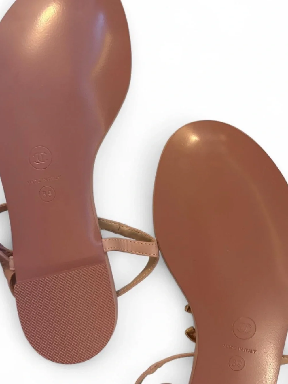 CHANEL Pink Pearl CC Logo Leather T-Strap Sandals